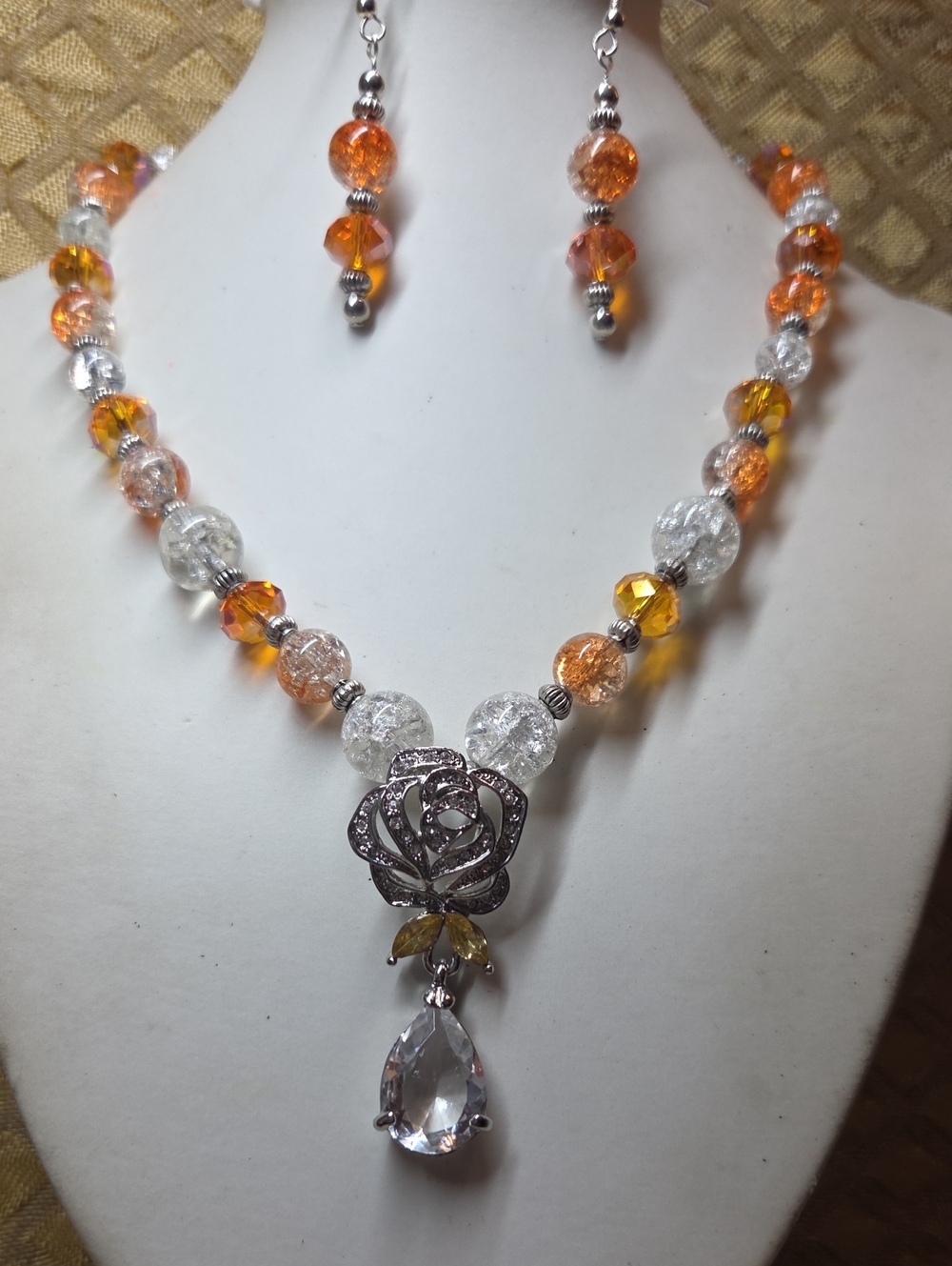 Elegant Rose Pendant Necklace and Earrings Set in Orange and Clear Glass Crystal